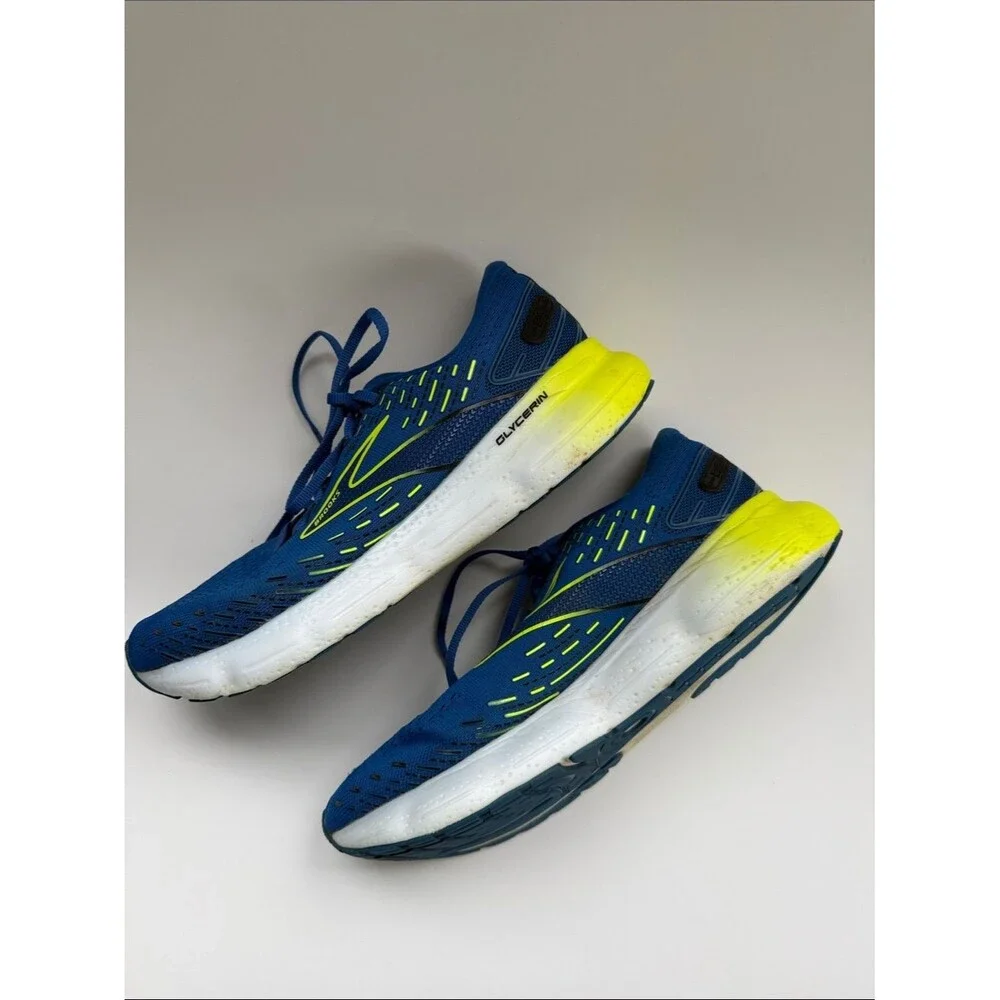 Brooks Blue Glycerin Running Shoes Bright Yellow Soles Men’s 10.5